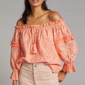 Anthropologie Peach Eyelet Off-Shoulder Peasant Blouse